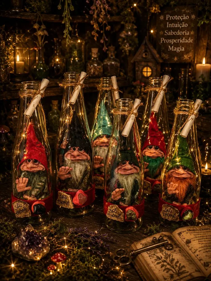 Duendes artesanais dentro de garrafas iluminadas por luzinhas